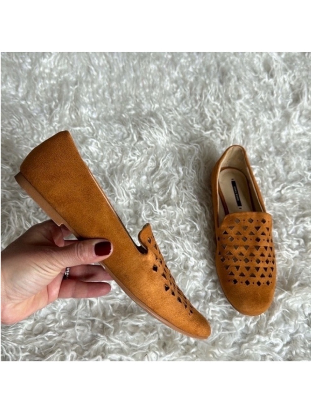 Zara Faux Suede Cut Out flats/loafers/moccasin shoes Sz 6.5 Chestnut Brown